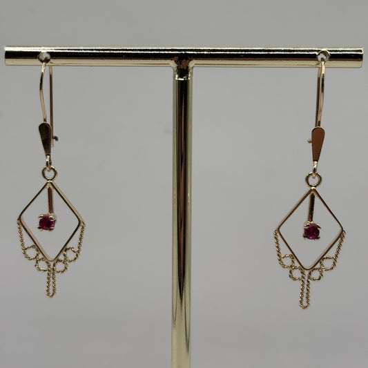 Aros Colgantes Oro 18K Filigrana Piedra Roja (3,46 g)