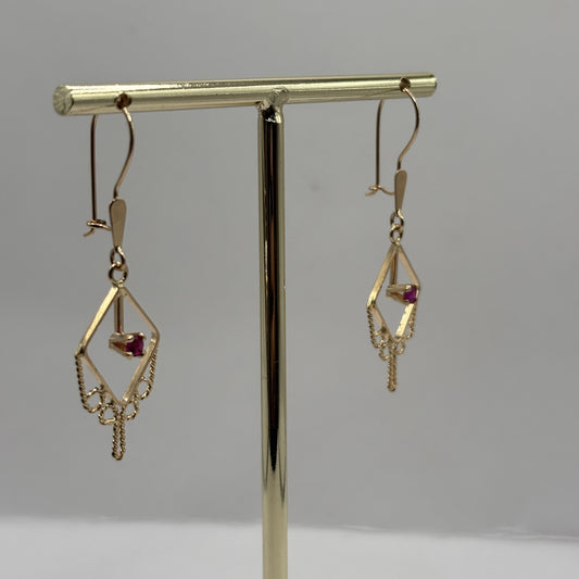 Aros Colgantes Oro 18K Filigrana Piedra Roja (3,46 g)