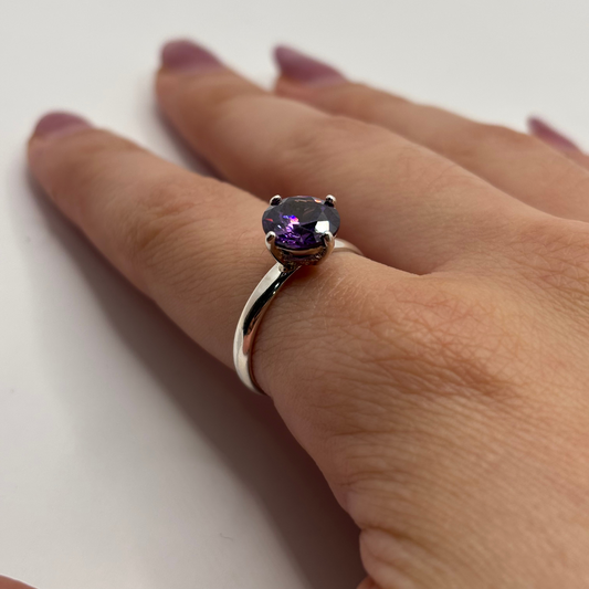 Anillo Solitario de Plata 925 Mujer Piedra Morada (Talla 15)