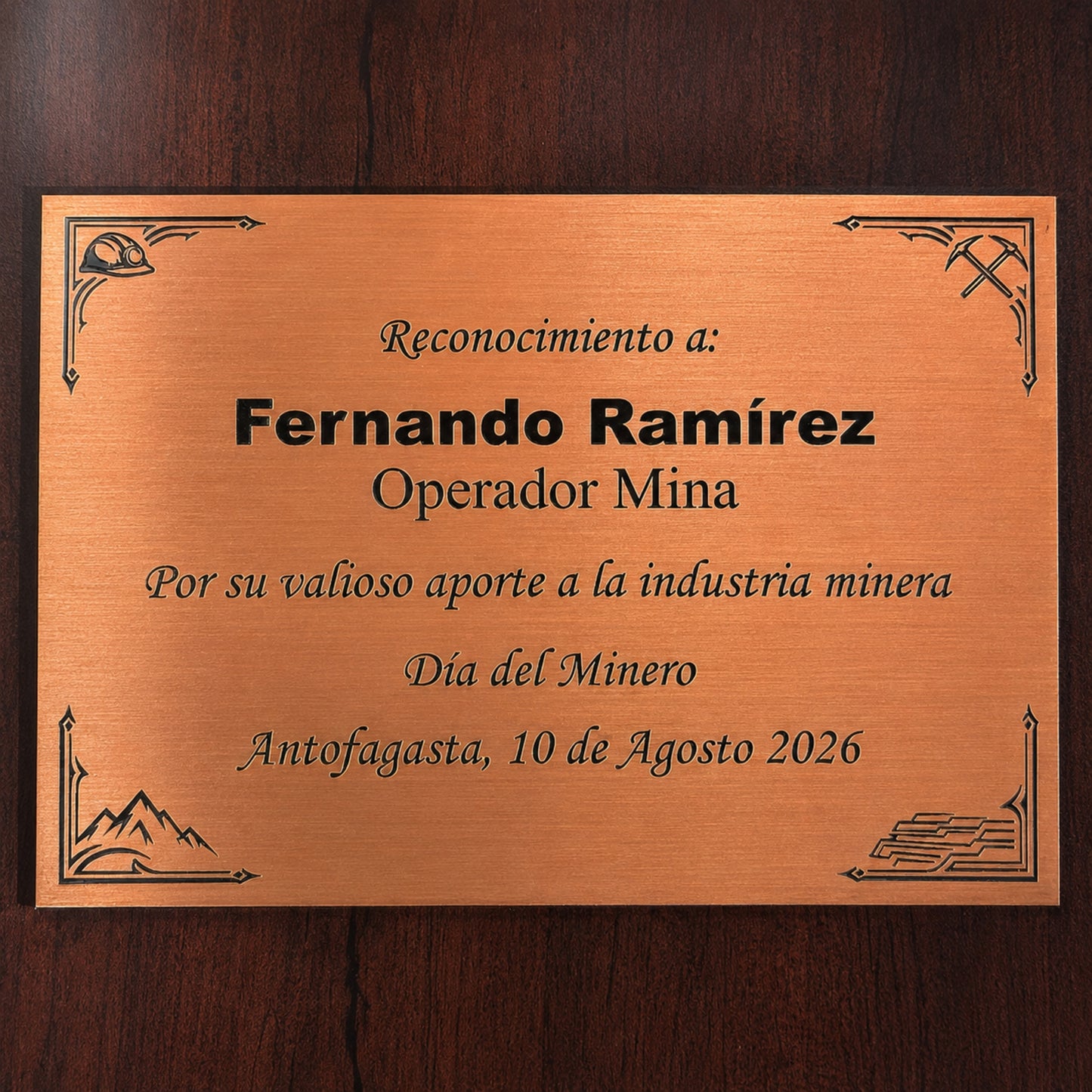 Galvano Minero Personalizado en Madera Nogal con Acrílico Cobre
